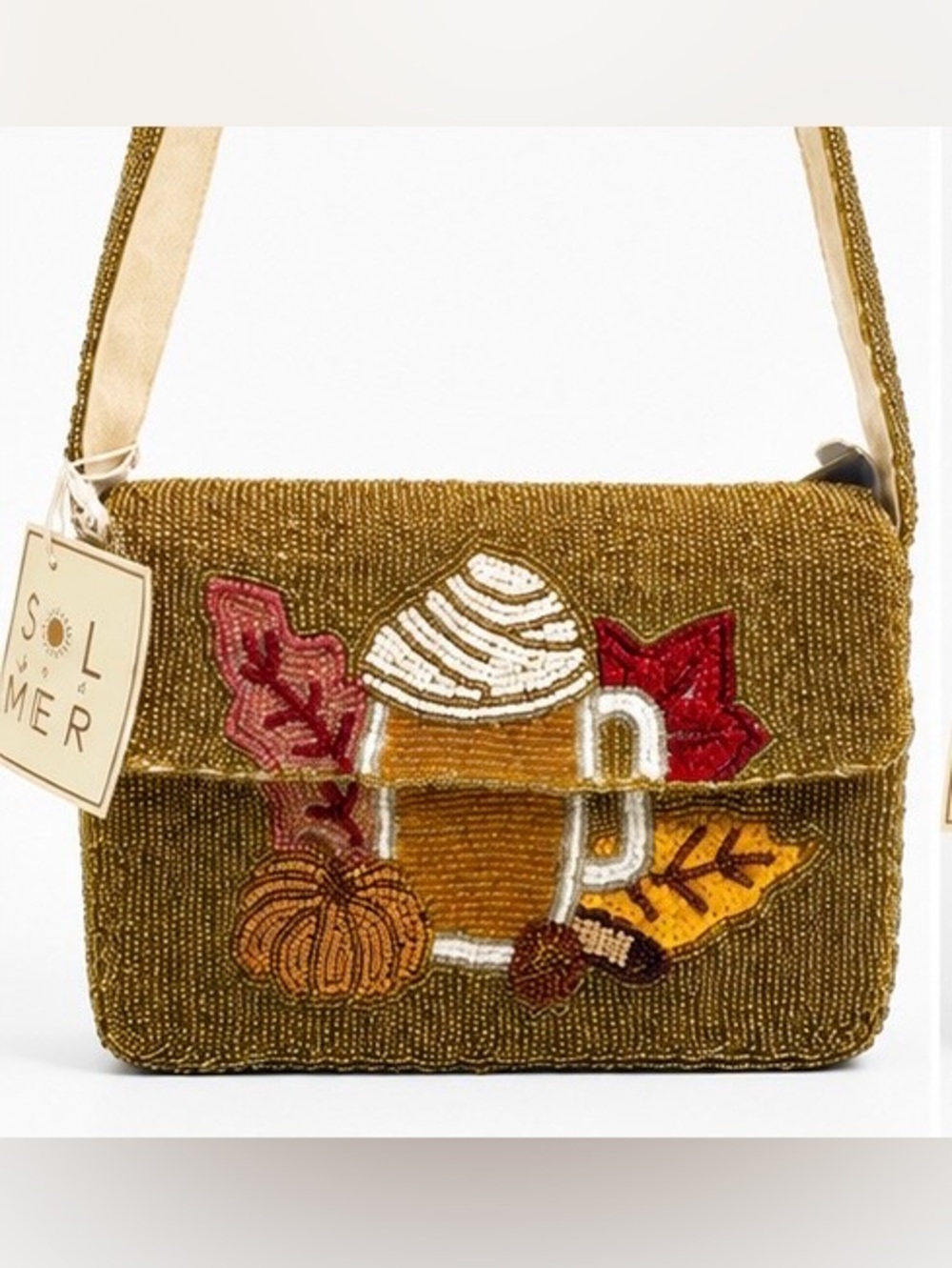 Sol & Mer Small Gold Beaded Shoulder Bag Fall Coffee Pumpkin Spice Latte NWTs